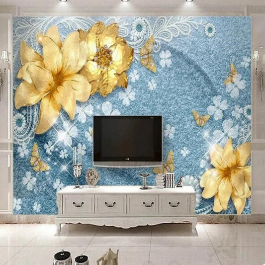 3D Gold Jewelry Flowers Wallpaper Wall Mural Home Decor