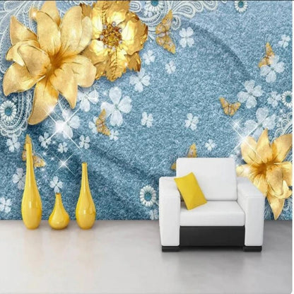 3D Gold Jewelry Flowers Wallpaper Wall Mural Home Decor