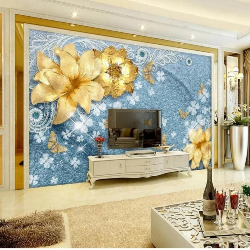 3D Gold Jewelry Flowers Wallpaper Wall Mural Home Decor