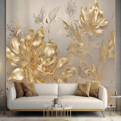 Luxury Golden Floral Art Flowers Floral Wallpaper Wall Mural