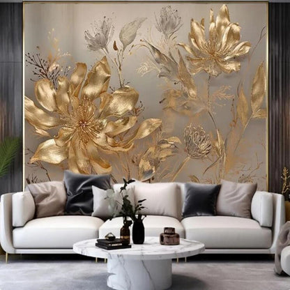 Luxury Golden Floral Art Flowers Floral Wallpaper Wall Mural