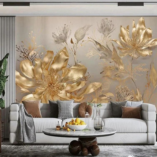 Luxury Golden Floral Art Flowers Floral Wallpaper Wall Mural
