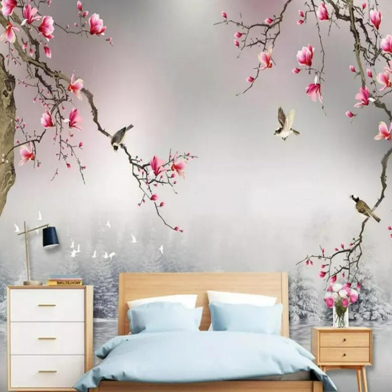 Chinoiserie Hanging Magnolia Flower Bird Wallpaper Wall Mural Home Decor