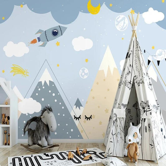 Cartoon Valley Mountains Rocket Children Room  Nursery Wallpaper Wall Mural