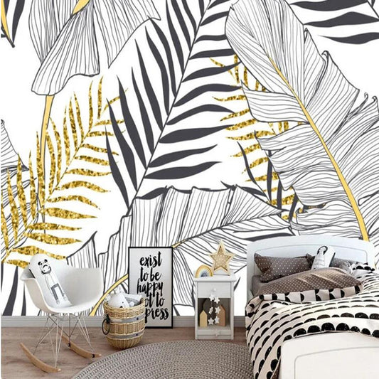 Minimalism Black And White Palm Leaves Tropical Plants Wallpaper Wall Mural