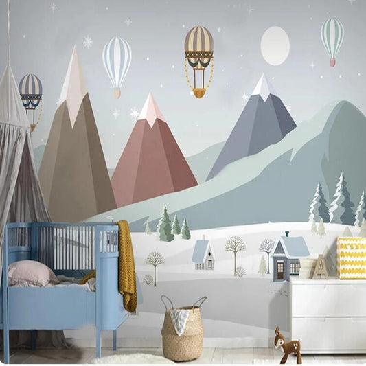 Cartoon Snow Mountain Balloon Scenery Nursery Wallpaper Wall Mural