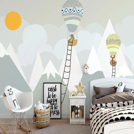 Snow Mountain Animal Hot Air Balloons Nursery Wallpaper Wall Mural