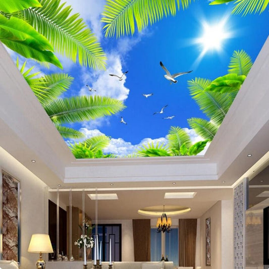Blue Sky White Clouds Beach Tree Ceiling Wallpaper Wall Mural Home Decor