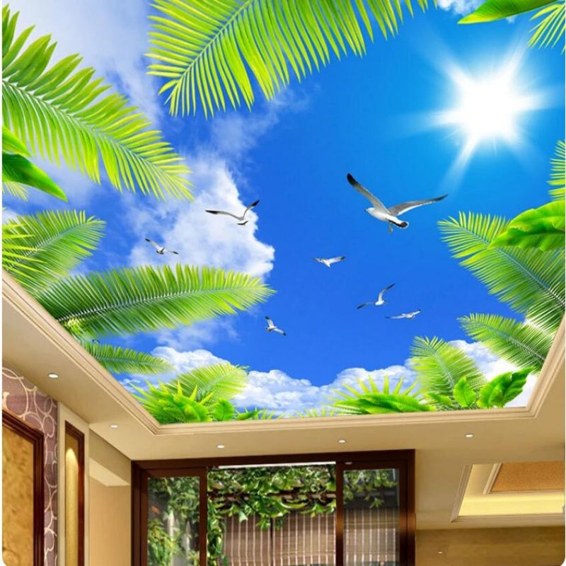 Blue Sky White Clouds Beach Tree Ceiling Wallpaper Wall Mural Home Decor
