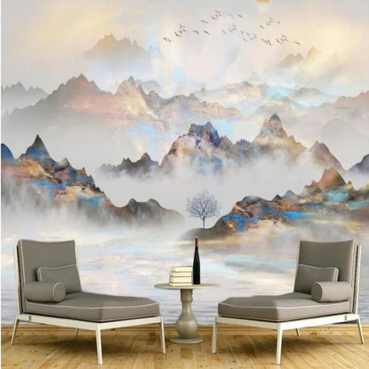 Golden Landscape Mountains with Flying Birds Wallpaper Wall Mural Home Decor