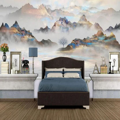 Golden Landscape Mountains with Flying Birds Wallpaper Wall Mural Home Decor