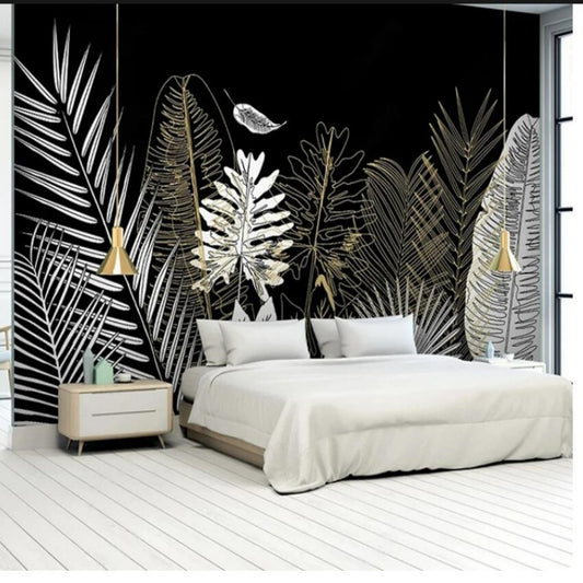 Golden Tropical Rainforest Plants and Leaves Wallpaper Wall Mural Home Decor