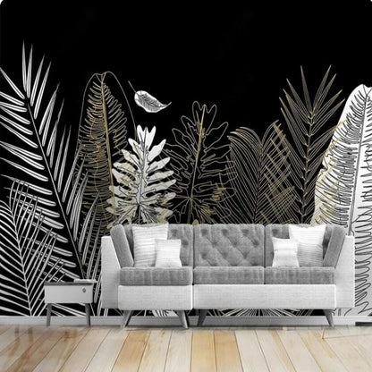Golden Tropical Rainforest Plants and Leaves Wallpaper Wall Mural Home Decor