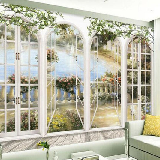 3D Stereo Window Views Garden Pool Wallpaper Wall Mural Home Decor