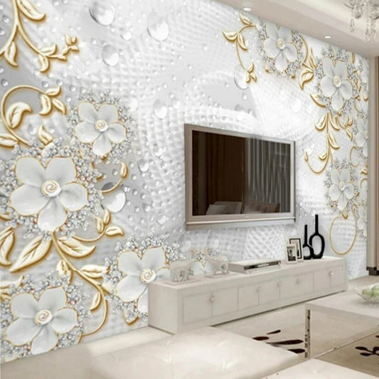 3D Luxury European Style White Flower Beads Jewelry Wallpaper Wall Mural Home Decor