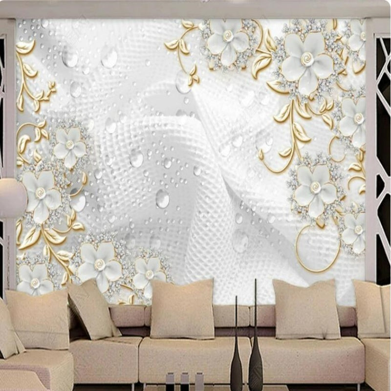 3D Luxury European Style White Flower Beads Jewelry Wallpaper Wall Mural Home Decor