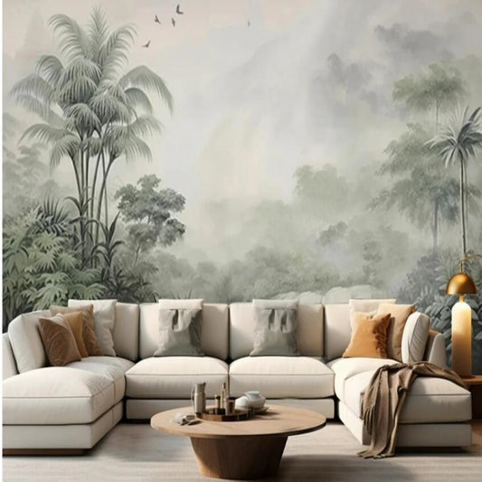 Tropical Green Plants Coconut Trees Distant Mountain Birds Wallpaper Wall Mural Home Decor