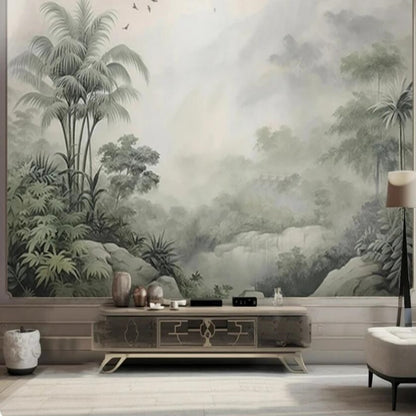 Tropical Green Plants Coconut Trees Distant Mountain Birds Wallpaper Wall Mural Home Decor