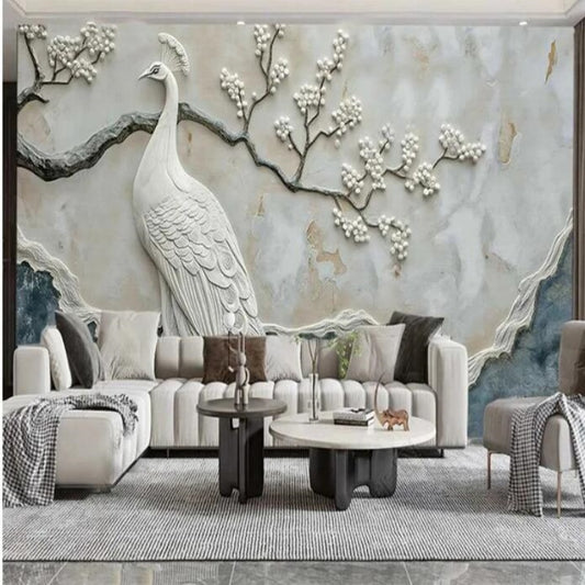 3D Modern Plain Rice White Peacock Art Marble Wallpaper Wall Mural Home Decor