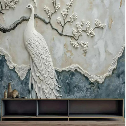 3D Modern Plain Rice White Peacock Art Marble Wallpaper Wall Mural Home Decor