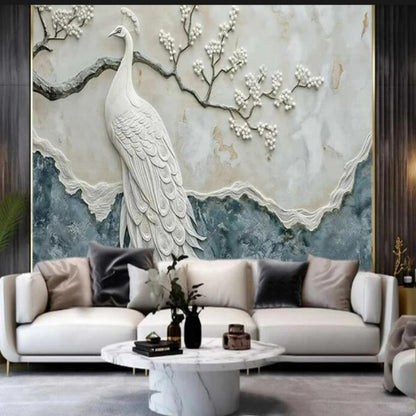 3D Modern Plain Rice White Peacock Art Marble Wallpaper Wall Mural Home Decor