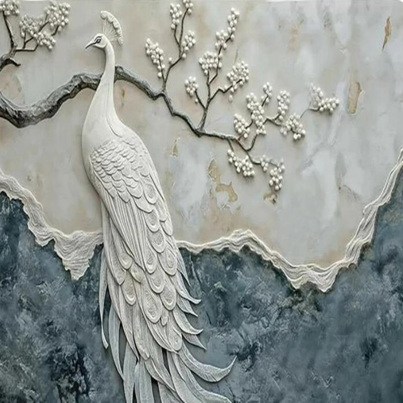 3D Modern Plain Rice White Peacock Art Marble Wallpaper Wall Mural Home Decor