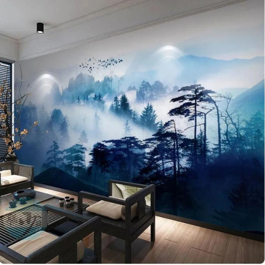 Ink Landscape Pine Trees Forest Blue Mountains Wallpaper Wall Mural Home Decor
