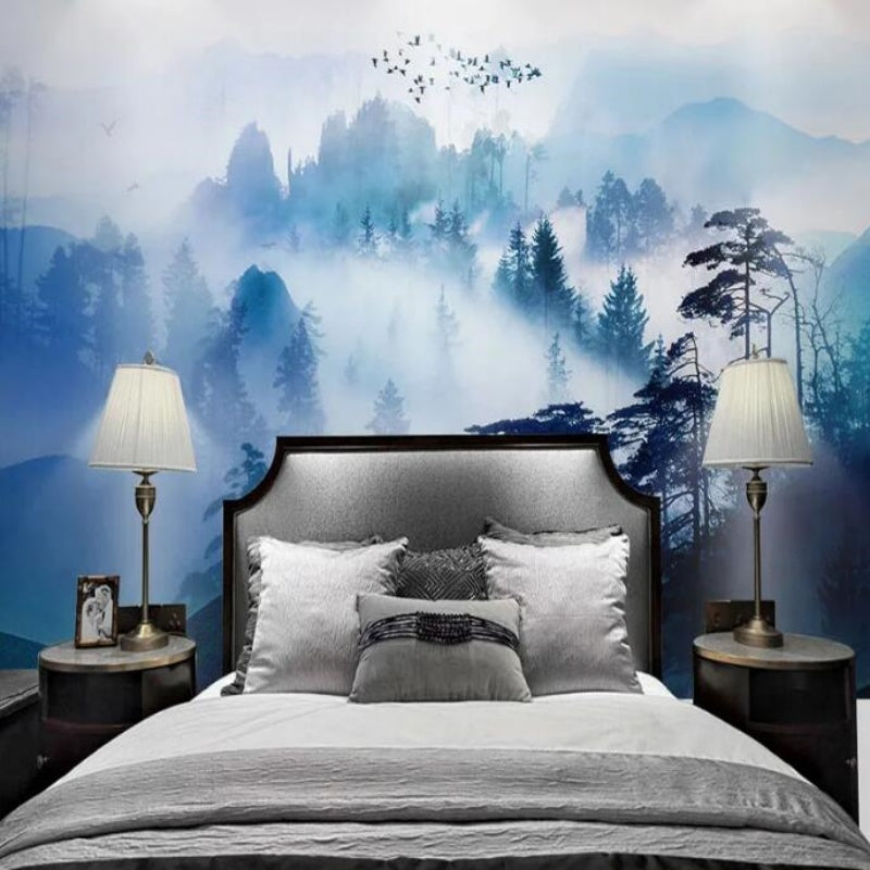 Ink Landscape Pine Trees Forest Blue Mountains Wallpaper Wall Mural Home Decor