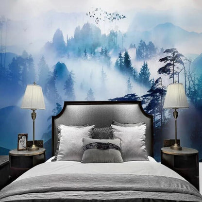 Ink Landscape Pine Trees Forest Blue Mountains Wallpaper Wall Mural Home Decor