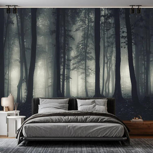 Dark Dense Foggy Forest Trees Wallpaper Wall Mural