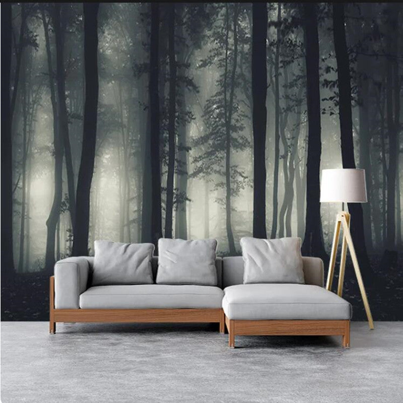 Dark Dense Foggy Forest Trees Wallpaper Wall Mural