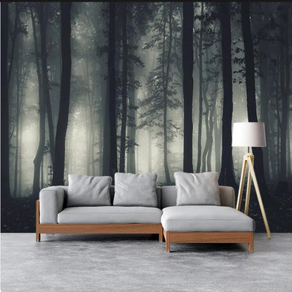 Dark Dense Foggy Forest Trees Wallpaper Wall Mural