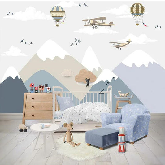 Nordic Modern Cartoon Mountains Hot Air Balloons Nursery Wallpaper Wall Mural