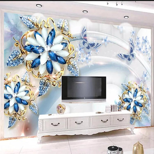 3D Stereo Blue Jewelry  Flowers Floral Wallpaper Wall Mural
