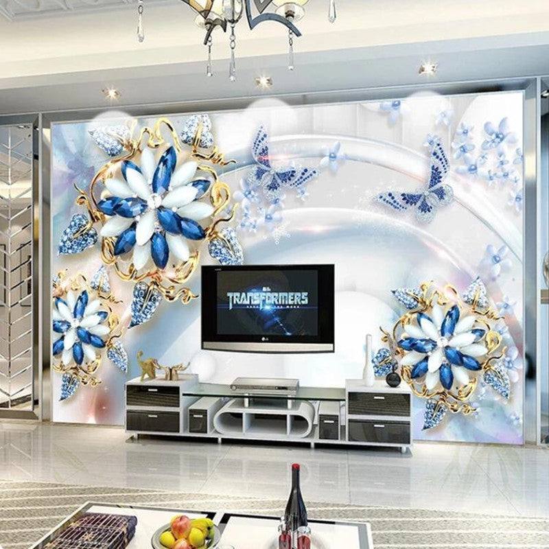 3D Stereo Blue Jewelry  Flowers Floral Wallpaper Wall Mural