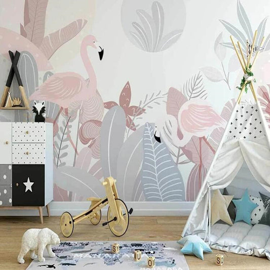 Cartoon Abstract Plants Flamingo Nursery Wallpaper Wall Mural