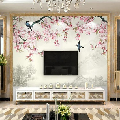Chinoiserie Pink Magnolia Flowers Birds Wallpaper Wall Mural