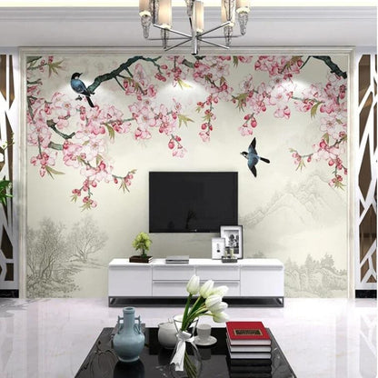 Chinoiserie Pink Magnolia Flowers Birds Wallpaper Wall Mural