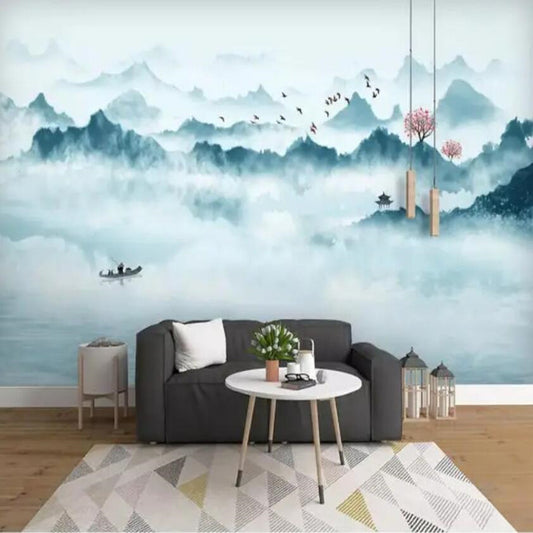 Ink Blue Mountains Lake Landscape Wallpaper Wall Mural