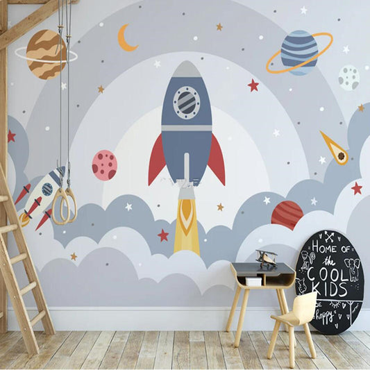 Cartoon Space Universe Planet Rocket Nursery Wallpaper Wall Mural