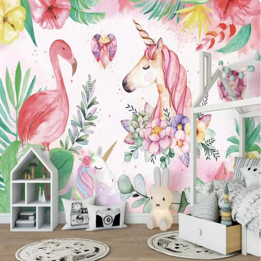 Cartoon Watercolor Flamingo Unicorn Nursery Wallpaper Wall Mural