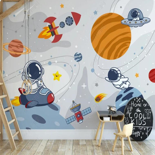 Cartoon Space Planet Rocket Flying Saucer Astronaut Nursery Wallpaper Wall Mural