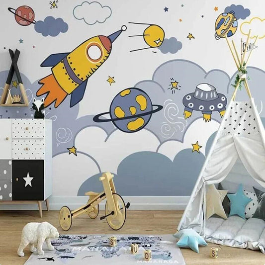 Cartoon Rocket Space Starry Sky Nursery Wallpaper Wall Mural