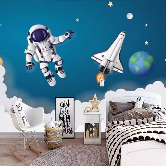 Cartoon Astronaut Rocket Planet Nursery Wallpaper Wall Mural