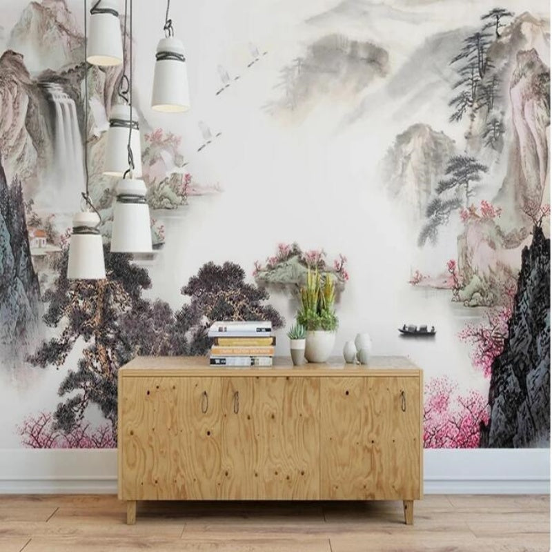 Ink Painting Nature Landscape Mountains Wallpaper Wall Mural Home Decor