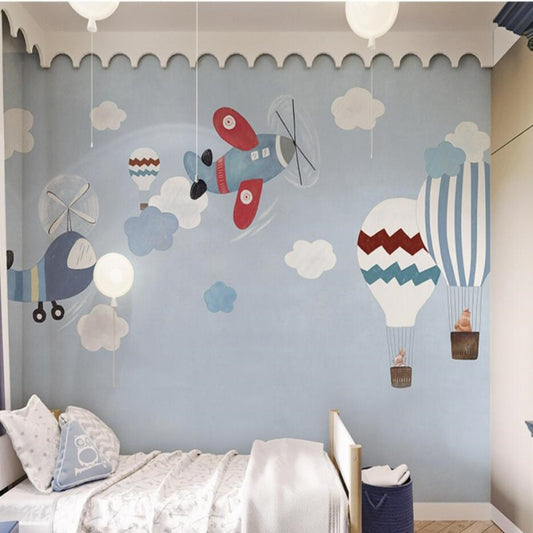 Cartoon Blue Background White Clouds Airplanes and Hot-air Balloons Children's Room Nursery Wallpaper Wall Mural Home Decor