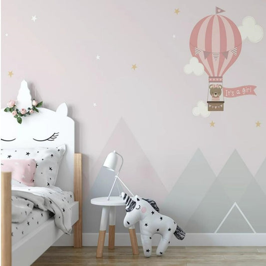 Cartoon Hot-air Balloon with Bear Triangle Mountains Clouds Stars Children's Room Nursery Wallpaper Wall Mural Home Decor