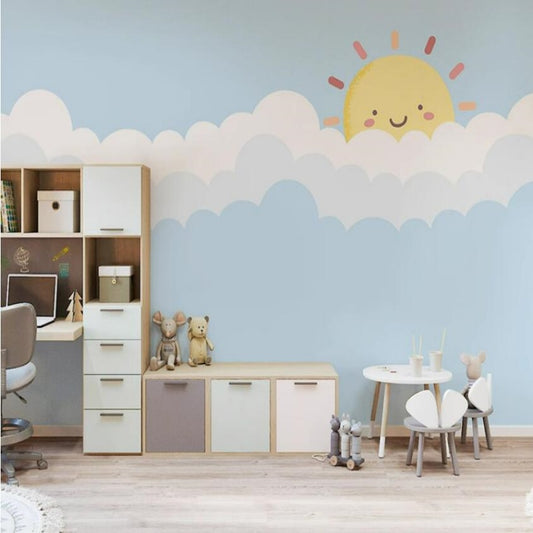 Cartoon Blue White Clouds Stars with Sun Children's Room Nursery Wallpaper Wall Mural Home Decor