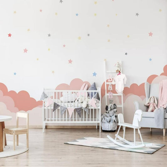 Cartoon Pink Clouds Stars Children's Room Nursery Wallpaper Wall Mural Home Decor