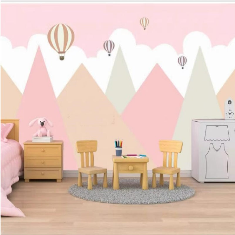 Cartoon Pink Triangle Mountains and Hot-air Balloons Kids' Babies' Children's Room Nursery Wallpaper Wall Mural Home Decor